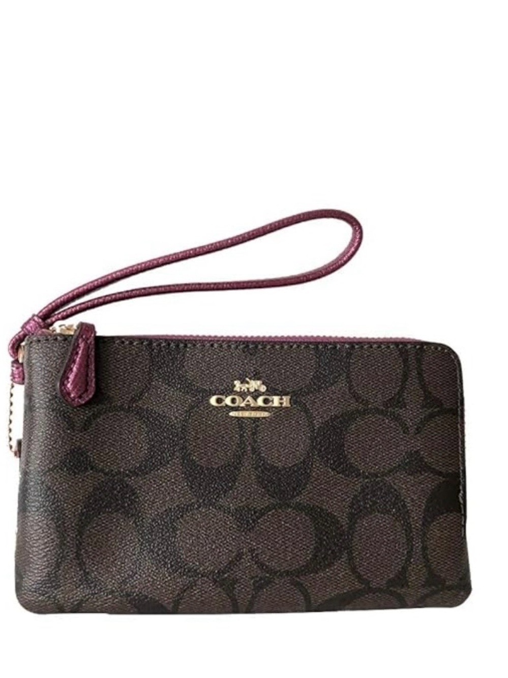 Coach Brown Signature Canvas Wristlet with Plum Trim